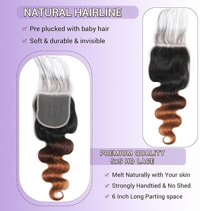 Ombre 5x5 Lace Closure Body Wave Chestnut Brown T1B/2/30 5x5 Transparent hd Lace Closure 100% Real Human Hair 20Inch 150% Density