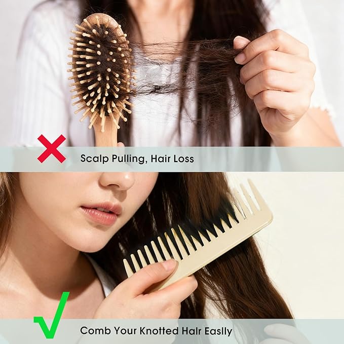 One large, one small, two-piece Wide Tooth Comb，No Handle Detangler Accessories，Large Hair Detangling Comb for Curly, Straight,Wet Dry Hair（Creamy Beige,Light Gray）