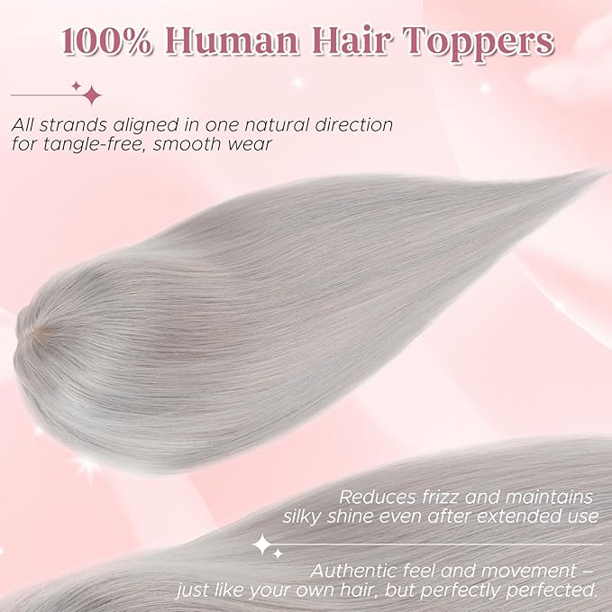 Real Human Hair Toppers for Women 3.54"*4.72" Silky Base 150% Density With Bangs Adjustable Parting Clip-In Topper Hairpieces for Women with Thinning Hair 10 Inches Silver Grey