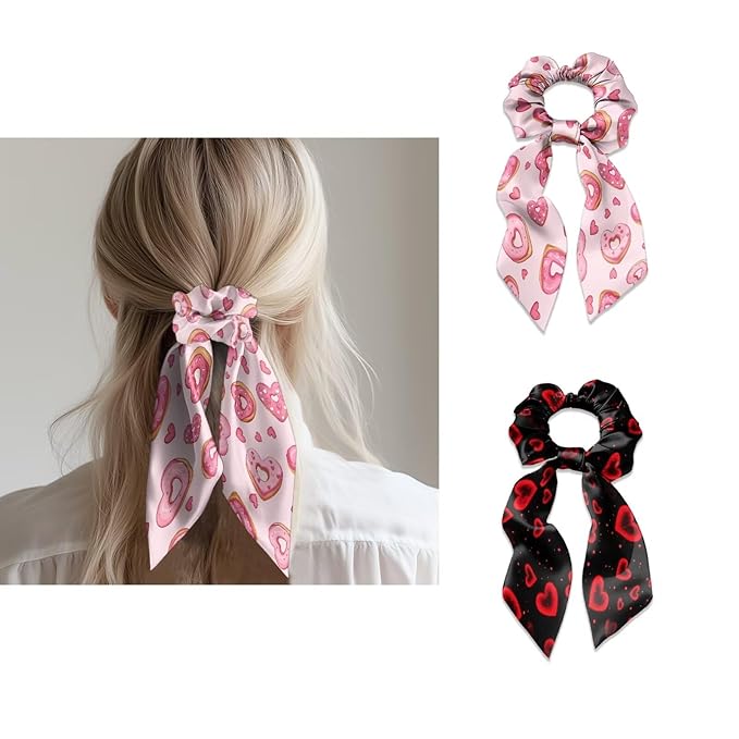 Heart Dessert Elastic Ribbon Bow Hair Ties 2 Piece Pink Black Knotted Bow Hair Scrunchies Chic Hair Scarf Valentine's Day Ribbon Scrunchies