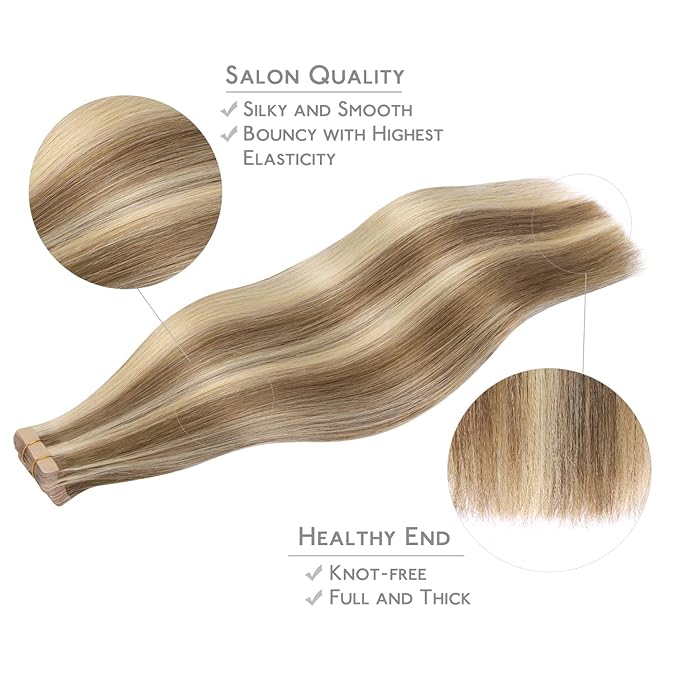 WENNALIFE Tape in Hair Extensions Human Hair, 20pcs 50g 18 inch Ash Brown with Platinum Blonde Highlights Remy Hair Extensions Straight Human Hair Tape in Extensions Skin Weft Tape Extensions