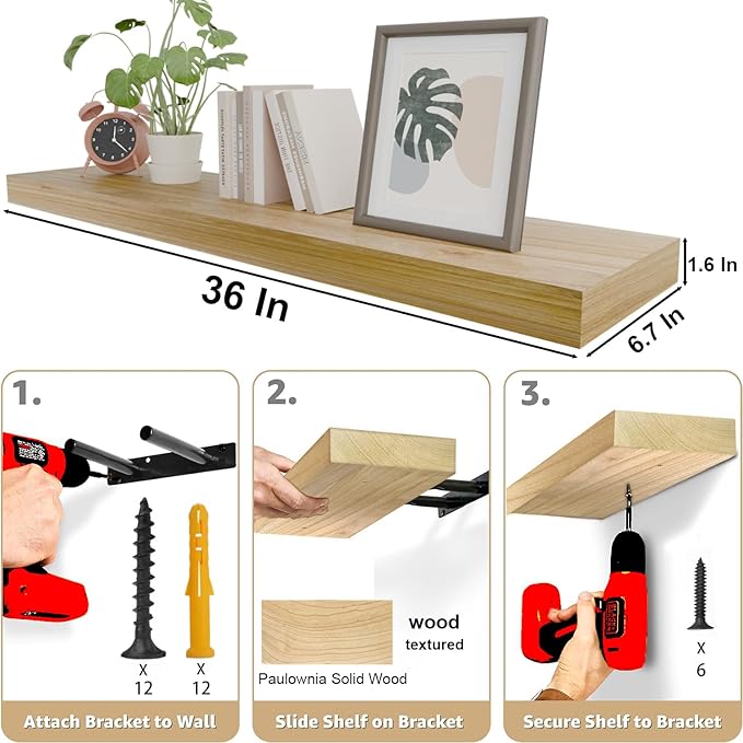 IAE Floating Wall Shelves 36 inch,Bathroom Shelves Wall Mounted,Invisible Shelves Floating Kitchen Shelves,Wooden Wall Shelves with Brackets for Living Room Wall Mounted,Easy Install,Set of 2,Natural