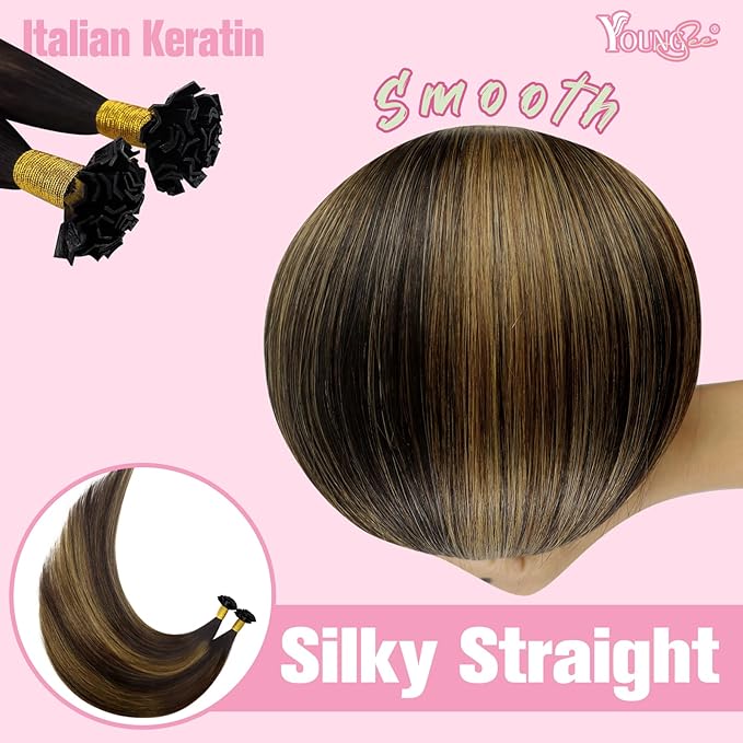 YoungSee K Tip Hair Extensions Human Hair Brown Balayage Hair Extensions K Tip Dark Brown Ombre 16In 50s/50G