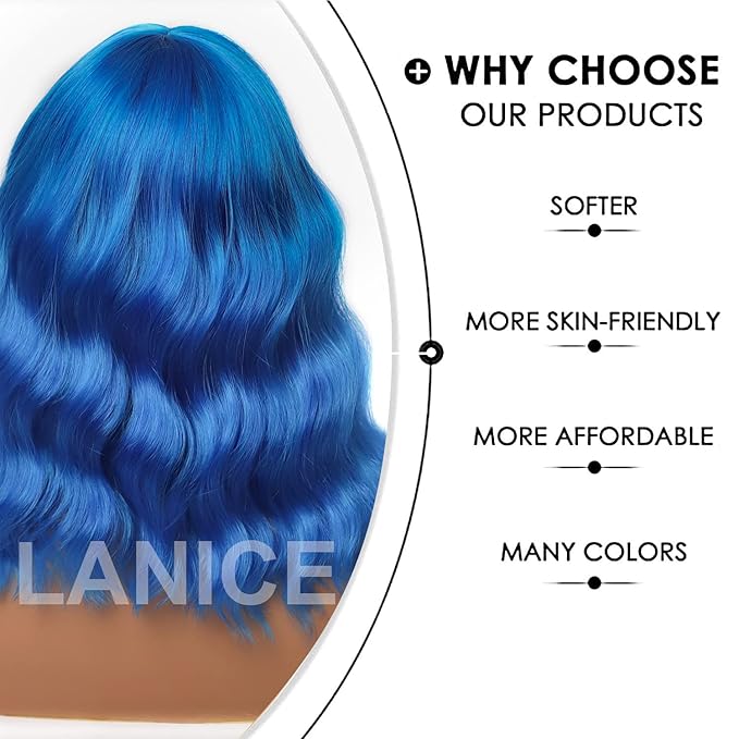 LANICE Blue Wig Short Bob Wigs with Bangs for Women Loose Wavy Hair Shoulder Length Blue Wig Synthetic Colorful Wigs for Cosplay Daily PartyUse(Blue,12inch)