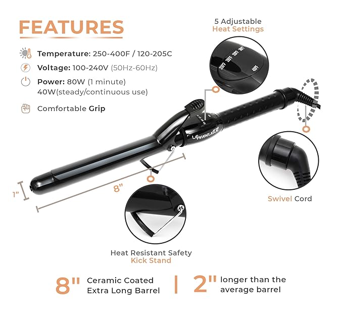Le Angelique 1 inch Curling Iron with Clip - Professional 8" Extra Large Barrel for Big Long Hair | 1" 25mm Wide Thick Ceramic Curler Wand | Adjustable Temperature | Dual Voltage