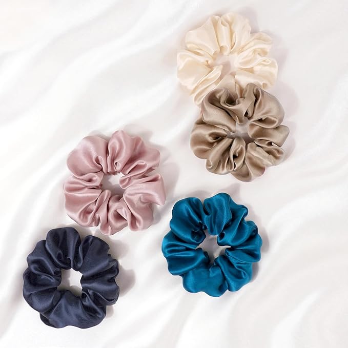 Zenssia Silk Scrunchies for Hair, Mulberry Silk Hair Ties for Women and Girls, No Damage Elastic Ponytail Holders（Black, Navy, Royal Blue）