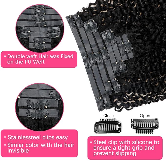 Seamless Clip In Hair Extensions Real Human Hair Invisible PU Weft Kinky Curly Clip Ins Human Hair Extensions 8pcs with 18Clips Per Set 120g(22inch,Natural Black)