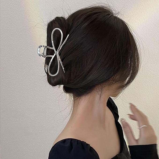 Metal Hair Claw Clips, Silvery Bowknot Alloy Non-Slip Strong Grip Hair Jaw Clips for Thick or Thin Hair (Silver Bow)