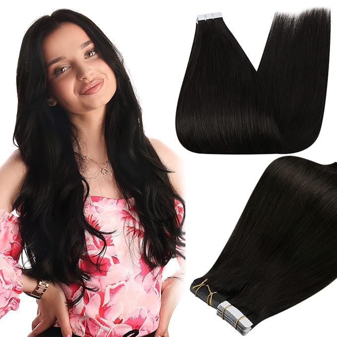 Full Shine Tape ins Human Hair Extensions Off Black Tape in Extensions Double Sided Color 1B Remy Skin Weft Extension Real Human Hair 24Inch Seamless Extension Silky Straight 50g 20Pcs Invisible