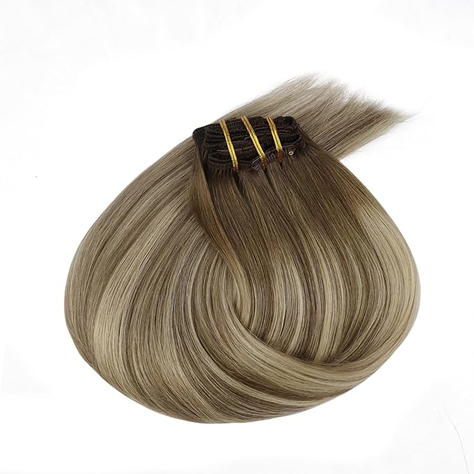Ve Sunny Clip in Hair Extensions Real Human Hair Balayage Brown with Blonde Clip in Extensions for Women Real Hair Extensions Clip in Human Hair 14inch 100g