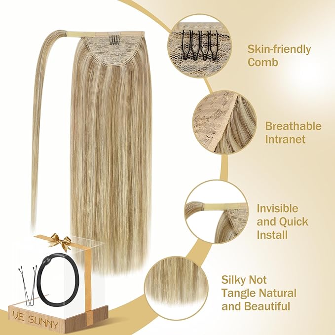 Ve Sunny Hair Extensions Ponytail Real Human Hair Wrap Around Clip in Ponytail Hair Extensions Straight Extensions Human Hair for Women Dark Blonde Highlights Golden Blonde 18inch 80G