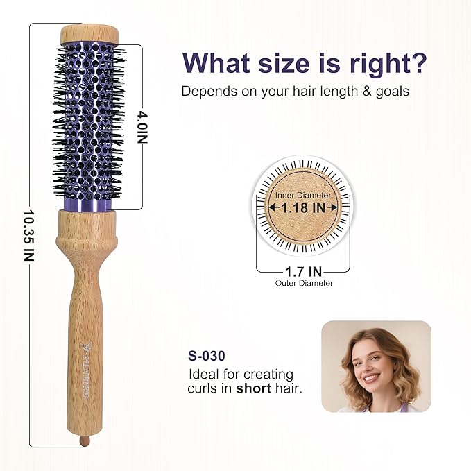 SUNBIRD Small Round Brush for Blow Drying - Wood Handle Professional Blowout Brush with Aluminium Ceramic Ionic Thermal Barrel for Smooth Hair, Volume & Heat Curly Styling (Outer Diameter1.7Inch)