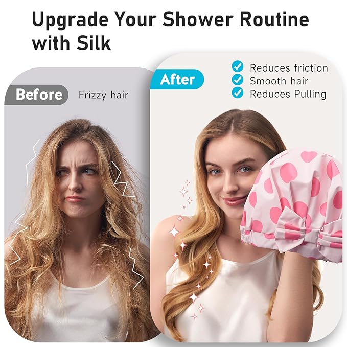 LitBear Luxury Silk Lined Shower Caps for Women Reusable Waterproof, Double Layered Large Bathing Hair Cap with Adjustable Elastic Strap, Non-slip, Quick-dry, for Long Short Hair, Pink Dots