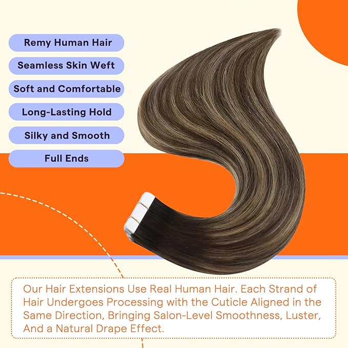 Full Shine Tape in Hair Extensions 24 Inch Color 4 Brown Fading to 24 Honey Blonde and 4 Brown Invisible Double Sided Remy Hair Extensions Tape in 100g Straight Seamless Skin Weft 40PCS Add Length