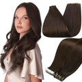 Full Shine Tape in Human Hair Extensions 14Inch Seamless Skin Weft Adhesive Tape Hair Extensions Real Human Hair Color 2 Dark Brown Glue in Remy Human Hair Extension 20Pcs 50g Thick End for Women
