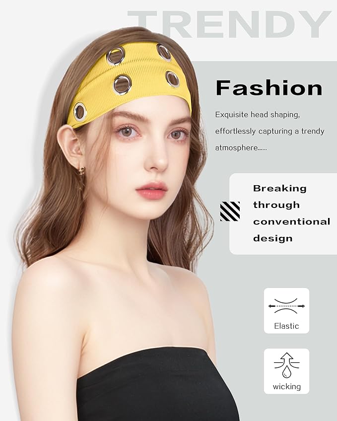 Grommet Headband for Women, Yellow 23cm Hollow Out Elastic Hair Band, Eyelets Punk Grunge Stylish Hairband