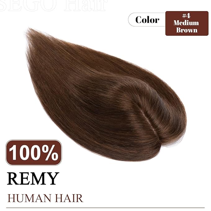 SEGO Hair Topper for Women, Real Human No Bangs Hair Topper with 4 Anti-Slip Clips (6 Inch #4 Medium Brown)