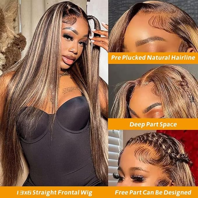 13x6 Ombre Lace Front Wigs Human Hair for Women 180 Density 4/27 Highlight Colored HD Transparent 30 Inch Straight Lace Front Wig Human Hair Pre Plucked Glueless Lace Frontal Wigs