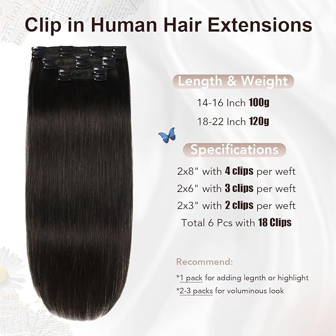 XDhair Clip in Hair Extensions Real Human Hair 14 Inch 100g 6pcs Human Hair Extensions Clip Ins for Women Natural Black #1B