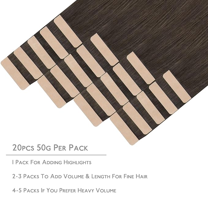 WENNALIFE Tape in Hair Extensions Human Hair, 20pcs 50g 24 inch Cool Dark Brown Remy Hair Extensions Straight Human Hair Tape in Extensions Skin Weft Tape Extensions