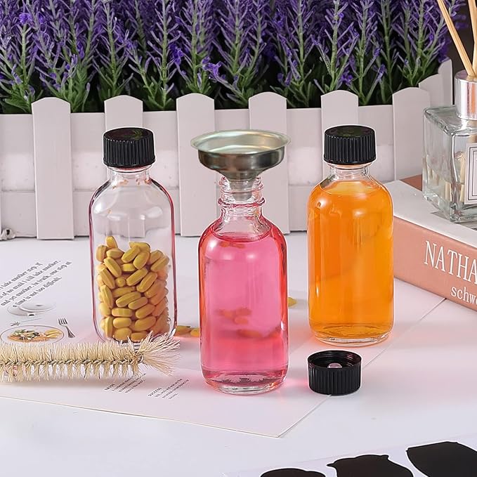 DIDITIME 12 Pack 2 oz Small Clear Glass Bottles with Lids & 2 Funnels - 60ml Boston Round Sample Bottles for Potion, Juice, Ginger Shots, Oils, Whiskey, Wellness Shots, Mini Travel Bottles