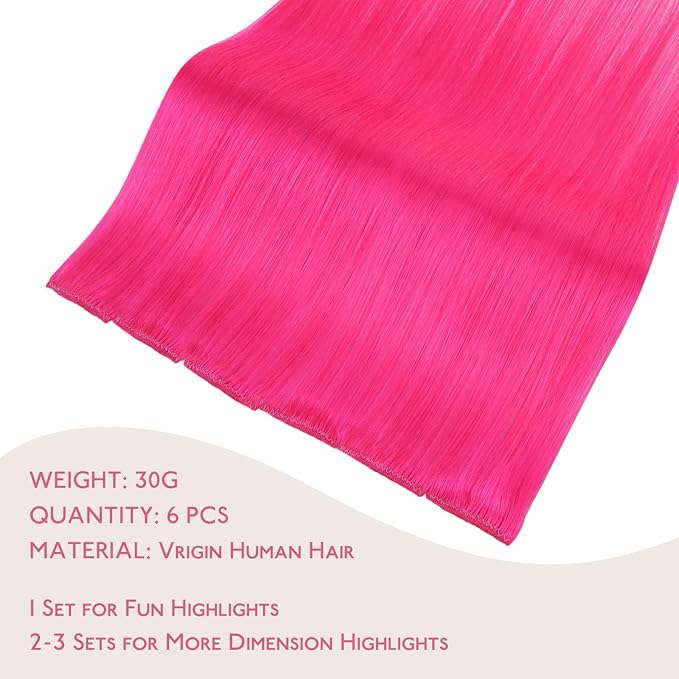 WENNALIFE Hot Pink Clip in Hair Extensions Real Human Hair 35g 6pcs 20 Inch Colored Hair Extensions for Kids Women Colorful Hair Pieces Pop-up Style Straight Extensiones De Cabello Humano Con Clip