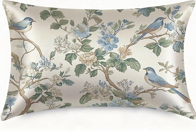 Silk Pillow Case for Hair and Skin Abstract Blue Beige Floral and Bird Standard Size Silk Pillow Case with Zipper Super Soft Pillow Covers for Women Bed Sleeping, 20x26 Inches