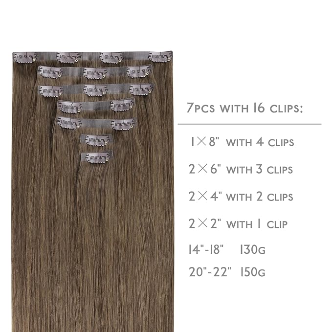 WENNALIFE Seamless Clip In Hair Extensions Human Hair, 22 Inch 150g 7pcs Light Ash Brown Real Hair Extensions Clip in Human Hair Invisible PU Skin Weft Natural Remy Human Hair Extensions