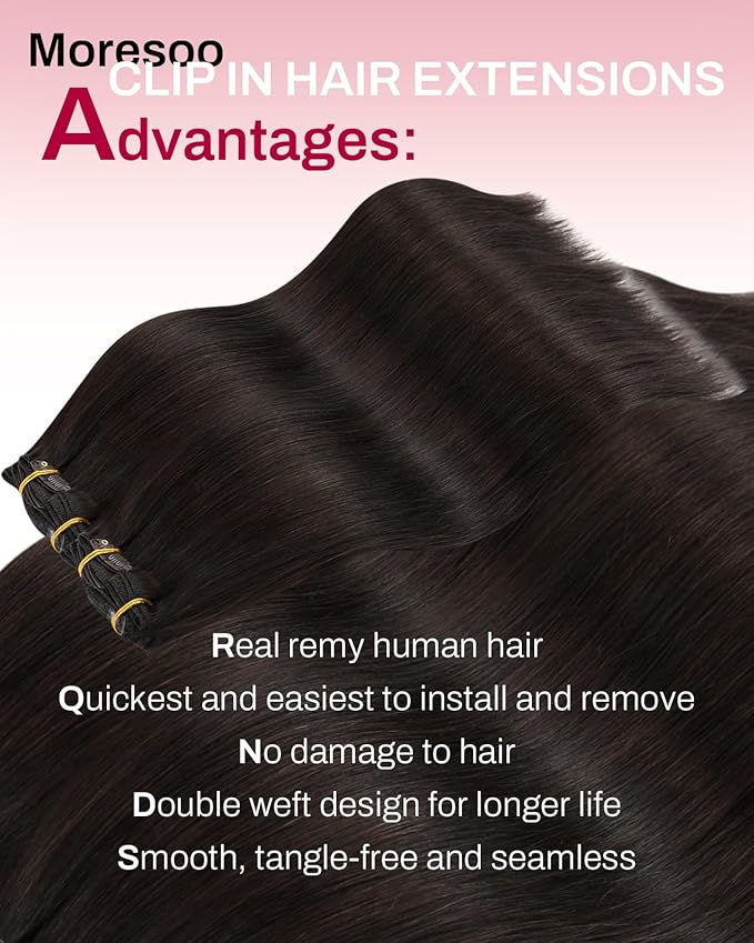 Moresoo Brown Clip in Hair Extensions Real Human Hair Double Weft Human Hair Clip in Extensions Straight Dark Brown #2 5pcs 80g 16inch