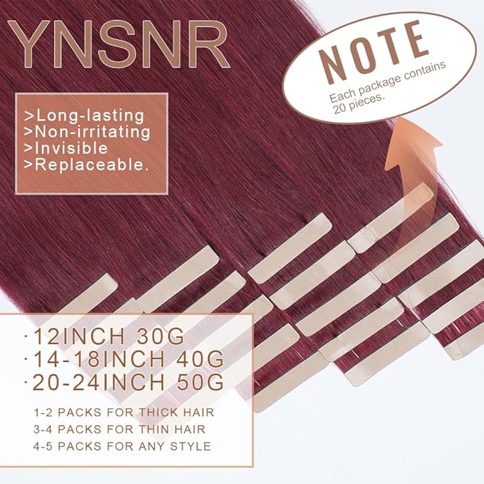 99J Red Wine Burgundy Tape in Hair Extensions Human Hair,14 Inch Human Hair Tape in Extensions 20Pcs Tape Ins Human Hair Extensions for Women Seamless Tape in Hair Extensions Real Human Hair