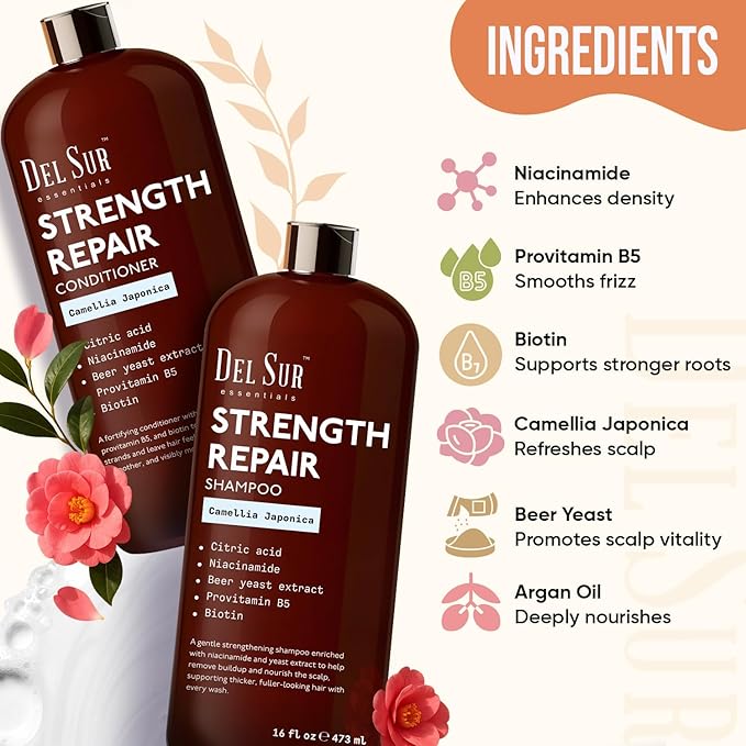 DEL SUR Hair Strengthening Shampoo and Conditioner Set | 16 fl oz Each | with Camellia Japonica, Niacinamide, Provitamin B5 & Biotin | Repair & Hydration for Dry, Weak Hair