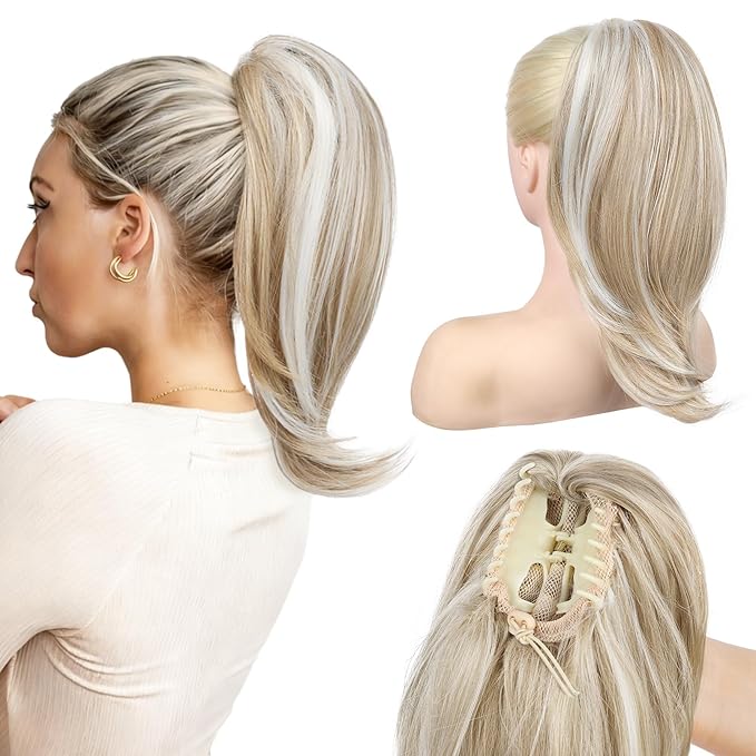 Ponytail Extension – 16” Claw Clip in Ponytail Hair Extensions Natural Soft Synthetic High Pony Tail Hairpieces for Women (Ash Blonde with Highlights, 16 inch)