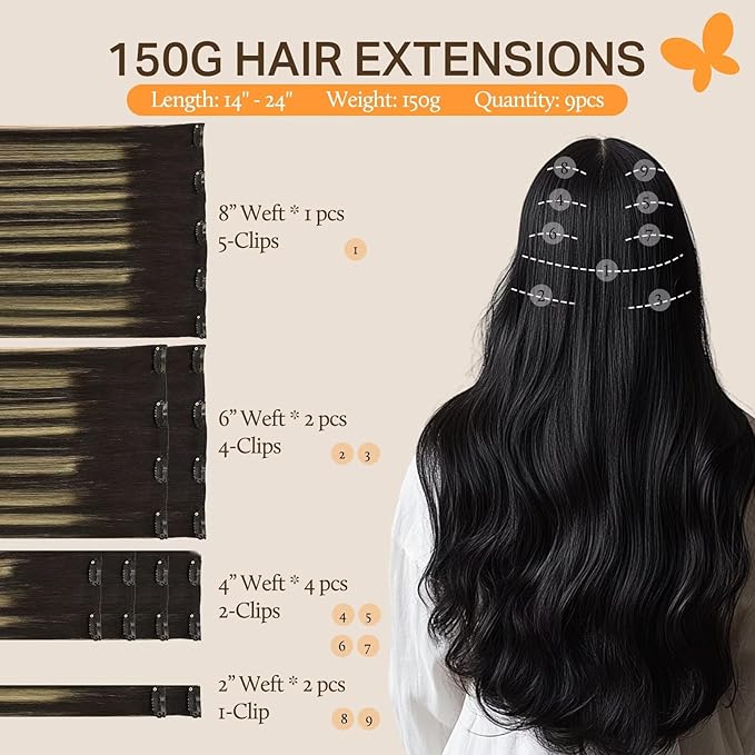DOORES Hair Extensions Clip in Human Hair, Balayage Natural Black to Light Blonde 14 Inch 150g 9pcs, Clip in Hair Extensions Human Hair Remy Hair Extensions Clip in Human Hair Natural Hair Extensions