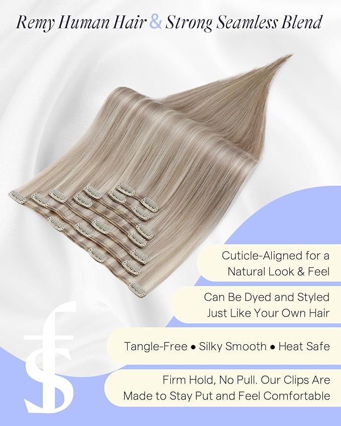 Full Shine Clip in Hair Extensions Real Human Hair 150 G Ash Blonde Highlighted Bleach Blonde Remy Human Hair Extensions Clip ins for Women Natural Human Hair 20 Inch 7 Pcs