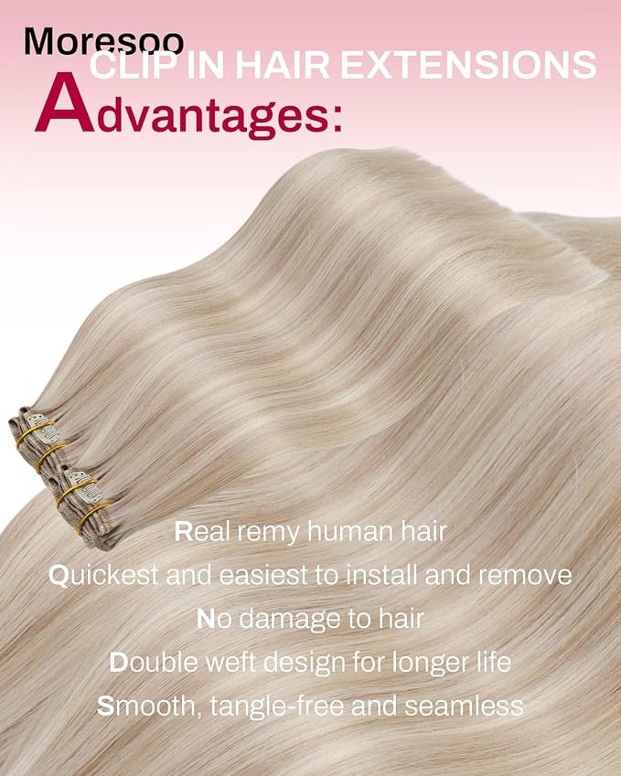 Moresoo Real Hair Extensions Clip ins Blonde Highlights Clip in Extensions Ash Blonde with Bleach Blond for Long Remy Hair Extensions 80g/5pcs 22inch