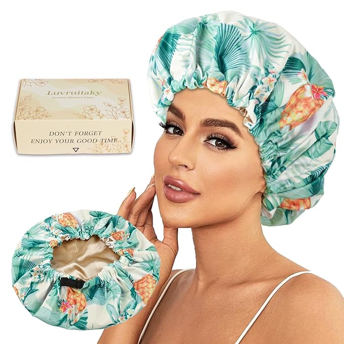 Large Shower Caps for Women Reusable Waterproof Satin Lined Shower Cap with Adjustable Band Double Layer Design Luxury Washable Bath Hair Bonnet (Pineapple Palm)