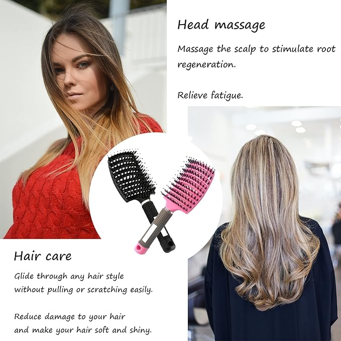 Hair Brush, 2 Pack Boar Bristle, Vented, Curved, Fast Blow Drying, Detangling, Shine & Smooth, All Hair Types, Unisex, Pink & Black