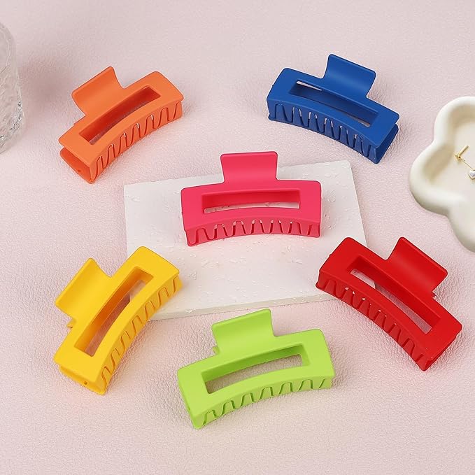 3.5 Inch Square Hair Clips for Women 6 Pack Hair Claw Clips Medium Claw Clips for Thick Thin Hair Rectangle Banana Jaw Hair Accessories for Women Girls -Dopamine