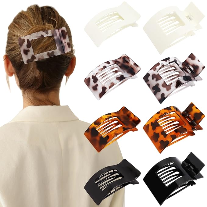 Velscrun Flat Hair Clips for Women Girls, 2 Styles 8 Pcs Lay Flat Claw Clips, Strong Hold French Duck Billed Large Side Hair Jaw Clip for All Hair Types, Non Slip Grip for Daily Styling Tortoise