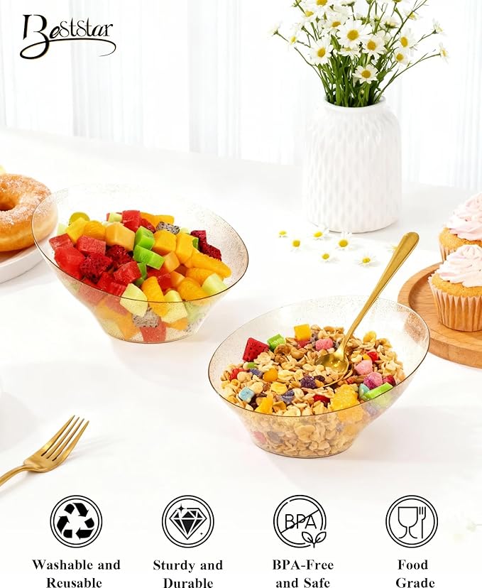 BESTSTAR Clear and Gold Gliter Plastic Serving Bowls 8 Pack 20OZ – Angled Disposable Party Bowls for Chips, Salad, Fruit & Candy – Heavy Duty Clear Serving Bowls for Parties, Buffet, Christmas