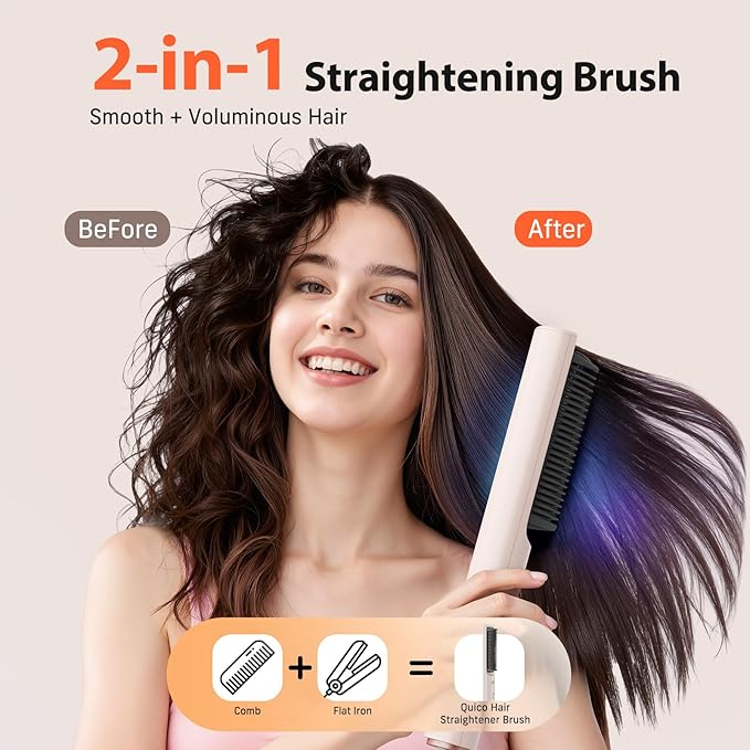Quico Hair Straightener Brush, Ionic Straightening Brush for Women, Ceramic Travel Hair Straightener Comb, Electric Hot Comb Flat Iron, 100-240V Dual Voltage, Auto Temp Lock & Auto-Off Function, Pink