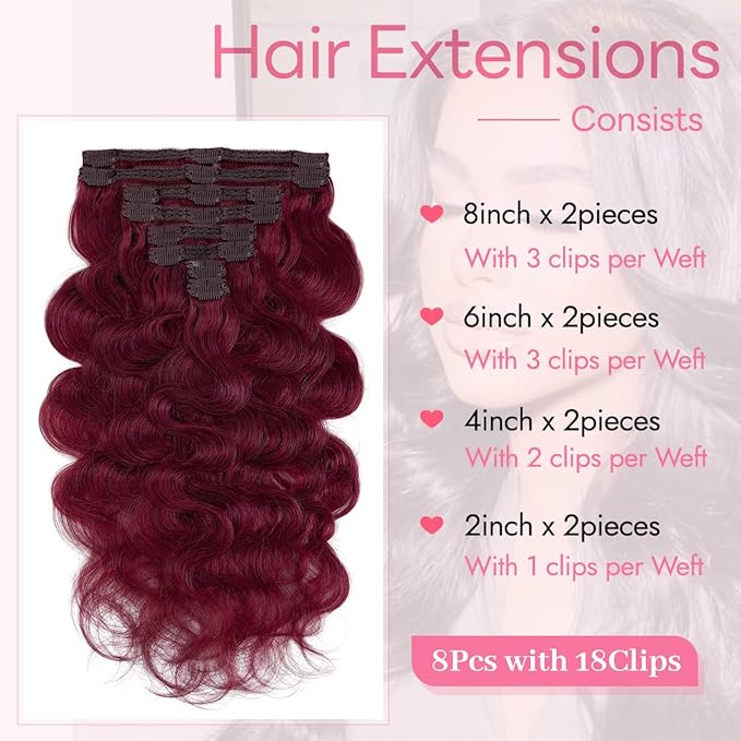 Clip in Hair Extensions Real Human Hair Body Wave 99J Burgundy Clip in 100% Brazilian Remy Human Hair Extensions 8pcs Per Set with 18 Clips Double Weft 24 Inch 120g/3.6oz