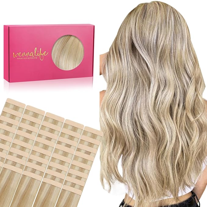 WENNALIFE Tape in Hair Extensions Human Hair, 40pcs 120g 26 inch Dirty Blonde Highlighted Bleach Blonde Hair Extensions Real Human Hair Straight Tape in Extensions Invisible Human Hair Extensions