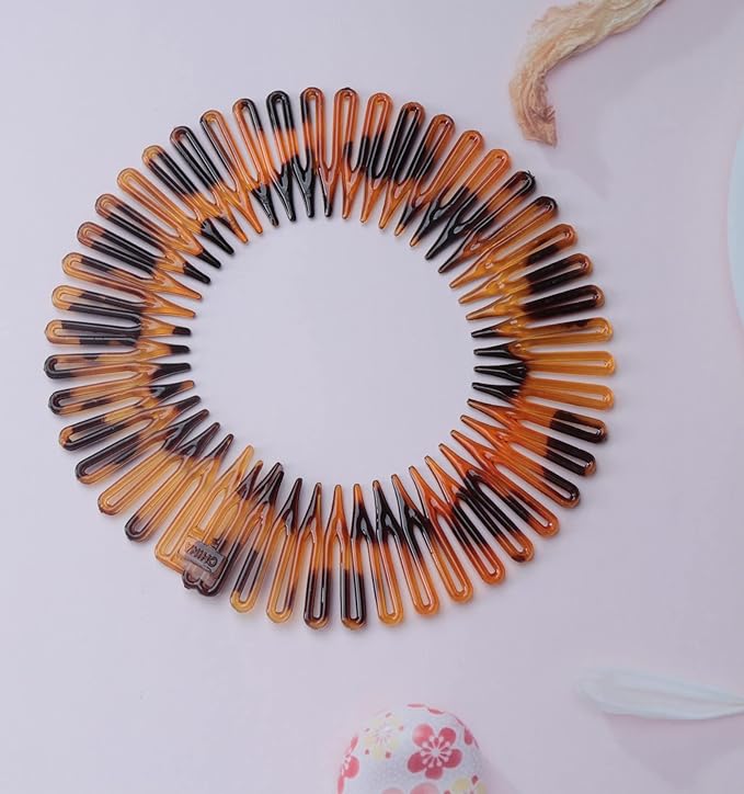 Sowaka 4 Pcs Circular Stretch Comb Plastic Black Brown Circle Spring Headband Flexible Hair Wrap Holder Hair Comb for Women Girls Outgoing Sports Hair Accessories (Round-leopard)