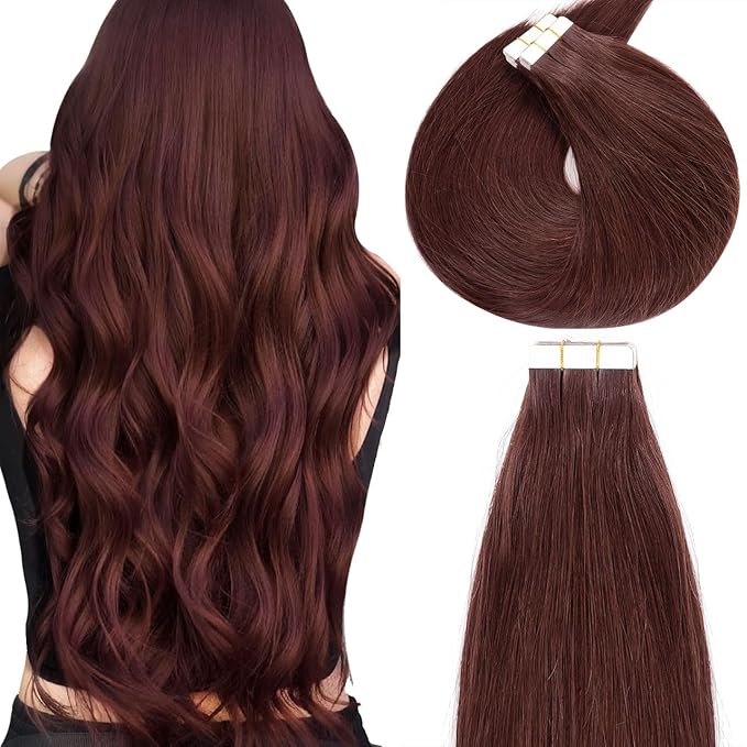 Lacer Tape in Hair Extensions Human Hair Wine Red 24 Inches 20pcs 50 Grams Per Pack Burgundy Straight Tape in Real Human Hair Extensions Hair Pieces