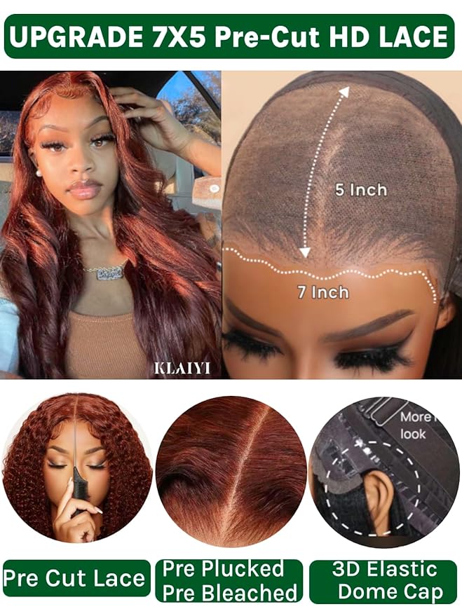 KLAIYI Bye Bye Knots Glueless Wig Reddish Brown Body Wave 7x5 Pre Cut HD Lace Front Wigs Human Hair Put On And Go Wig Pre Bleached Pre Plucked with Baby Hair 30S Ready To Wear 150% Density Full 22Inch