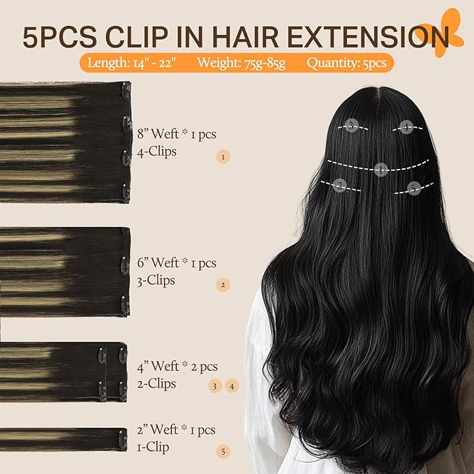 DOORES Human Hair Extensions Clip in, 85g 5pcs 22 Inch Natural Black to Light Blonde Balayage Clip in Hair Extensions Natural Hair Straight