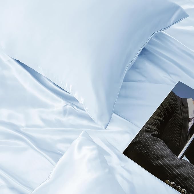 Light Blue Satin Pillowcase Standard Set of 2 with Envelope Closure，Light Blue Silk Pillowcase for Hair and Skin (20x26)