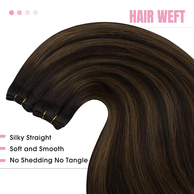 YoungSee 24Inch Sew in Hair Extensions Real Human Hair Brown Weft Hair Extensions Balayage Sew in Bundles Human Hair Dark Brown Mix Medium Brown Highlights 100G
