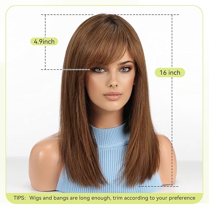 RSY 100% Human Hair Wigs for Women, Ombre Brown Shoulder Length Straight Layered Wig with Bangs, Natural Real Hair for Daily and Party Wear